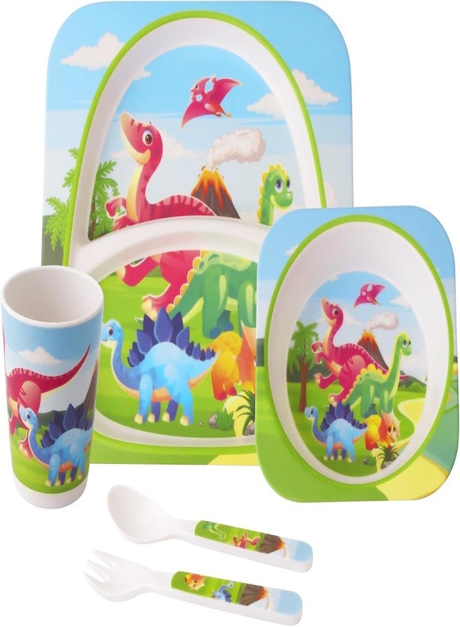 IndusBay® 5 Pieces Bamboo Kids Dinnerware Set, Eco Friendly Toddler Plates BPA Free Food Plate Bowl Cup Spoon Fork Set Dishware Sets - Dino Theme, Green - Image 1