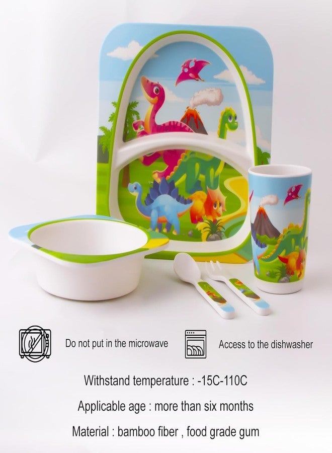 IndusBay® 5 Pieces Bamboo Kids Dinnerware Set, Eco Friendly Toddler Plates BPA Free Food Plate Bowl Cup Spoon Fork Set Dishware Sets - Dino Theme, Green - Image 3