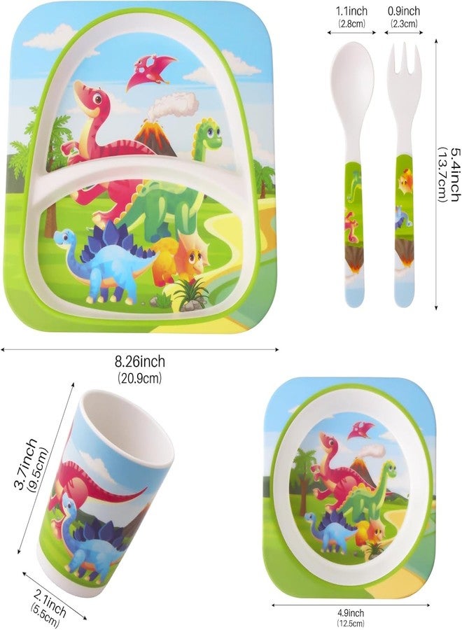 IndusBay® 5 Pieces Bamboo Kids Dinnerware Set, Eco Friendly Toddler Plates BPA Free Food Plate Bowl Cup Spoon Fork Set Dishware Sets - Dino Theme, Green - Image 2