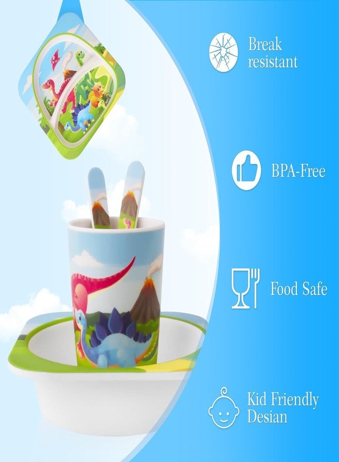 IndusBay® 5 Pieces Bamboo Kids Dinnerware Set, Eco Friendly Toddler Plates BPA Free Food Plate Bowl Cup Spoon Fork Set Dishware Sets - Dino Theme, Green - Image 4