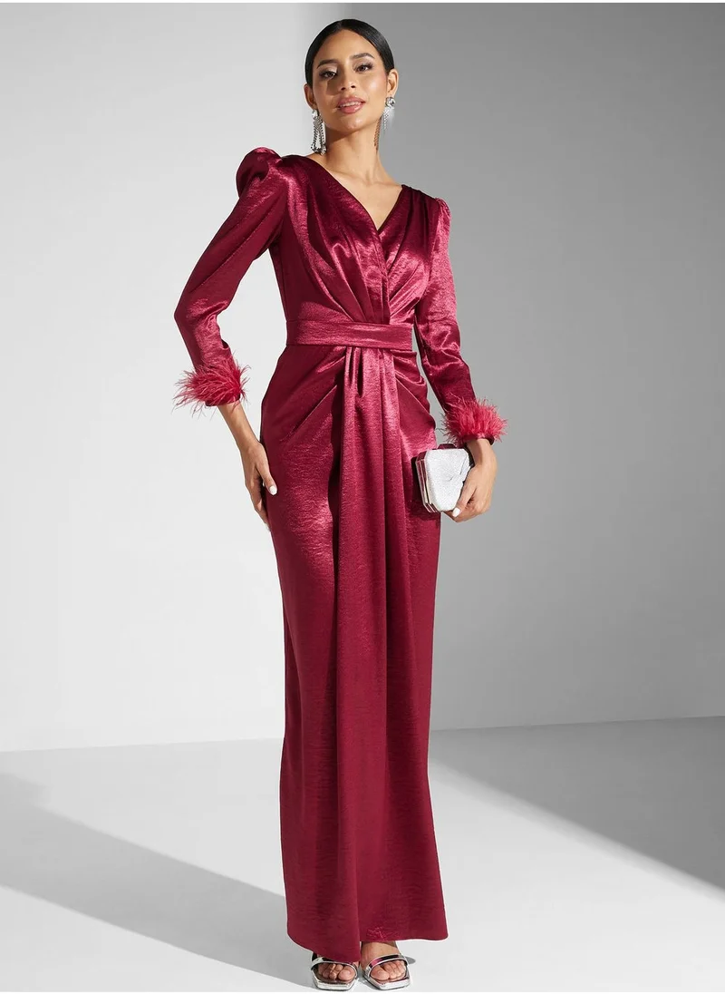 اكاديا فاشن Surplice Neck Puff Sleeve Dress