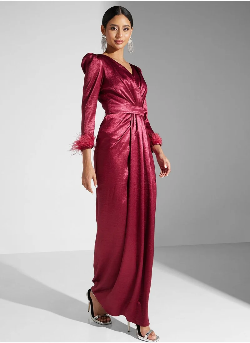 اكاديا فاشن Surplice Neck Puff Sleeve Dress