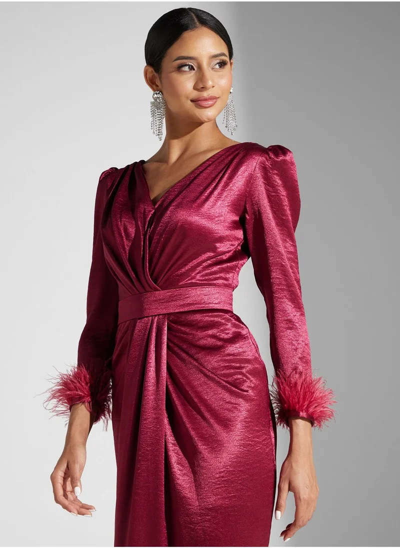 اكاديا فاشن Surplice Neck Puff Sleeve Dress