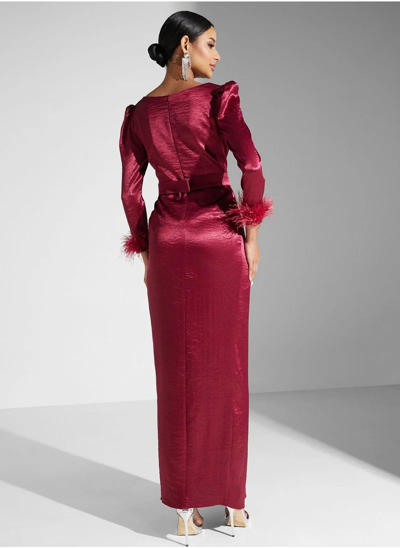 اكاديا فاشن Surplice Neck Puff Sleeve Dress