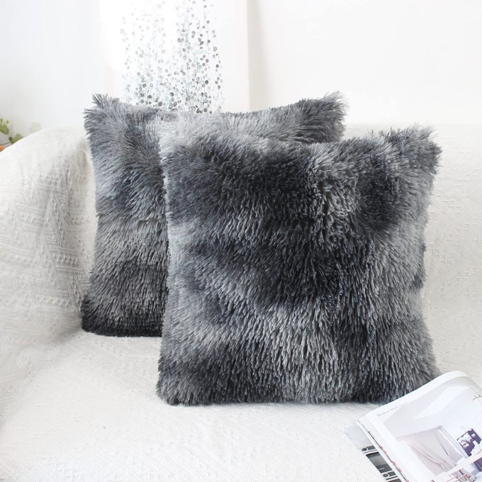 FLUFFY CUSHION COVERS 45 X 45 DARK GREY FAUX FUR SET OF 2 CUSHION COVER 18X18 SOFT DECORATIVE SQUARE PLUSH PILLOW COVER FOR SOFA LIVINGROOM BEDROOM