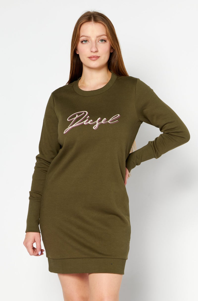 DIESEL Women Crew Neck Long Sleeves Brand Logo Sweater Dress, Olive - Image 1