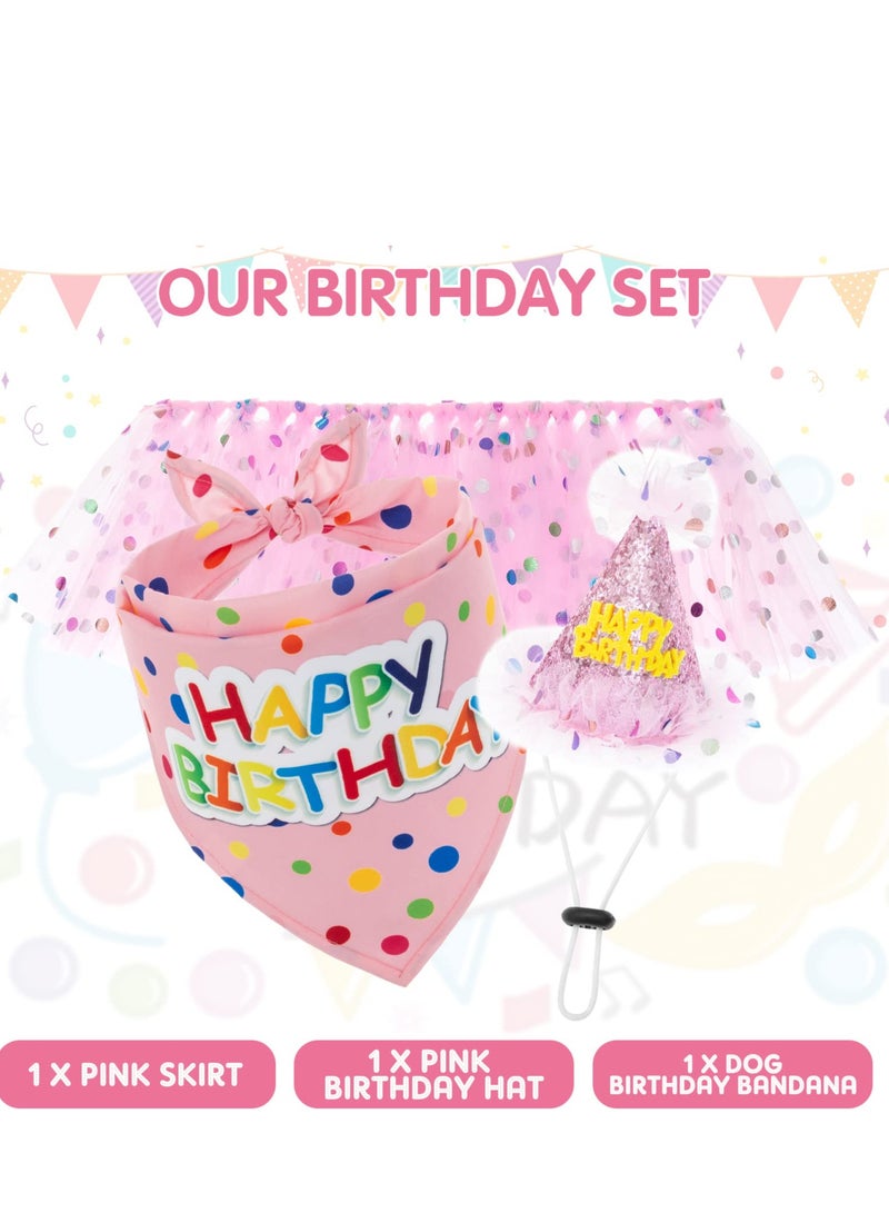 Mordely Dog Birthday Bandana with Hat and Dress Girl Set, Puppy Birthday Party Supplies, Cute Pink Tutu Skirt Outfit for Small Medium Large Dogs - Image 3