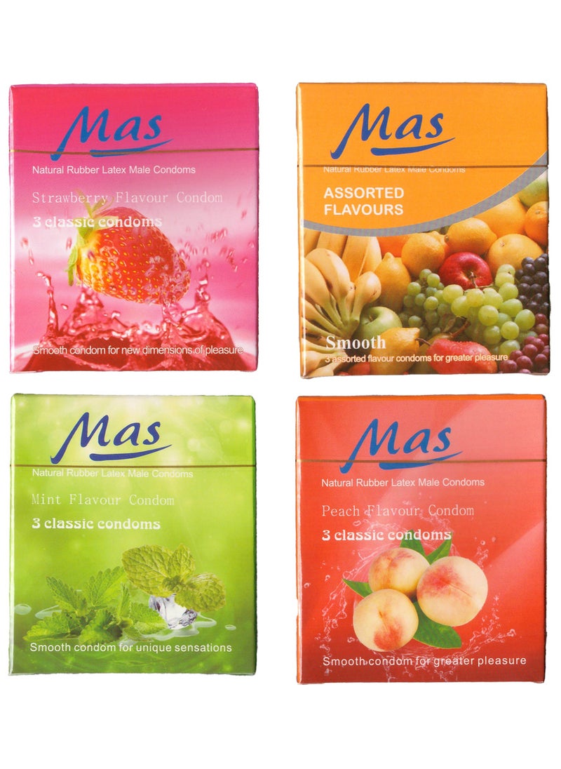 MAS MAS Natural Rubber Latex Condoms, Assorted Fruits - Strawberry, Peach, Mint, 4 Packs of 3 Condoms  - Image 1