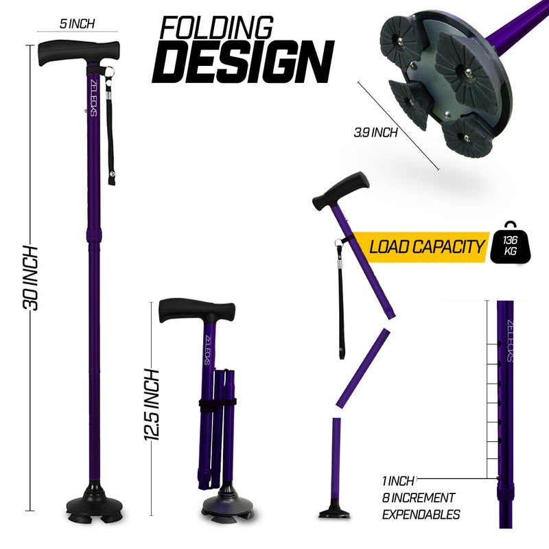 ZELECKS Walking Cane for Women & Men - Self Standing Adjustable Folding Cane with T Handle and 360 Pivot Base - Lightweight Foldable Walking Stick for Seniors - Collapsible Cane for Walking - Image 2