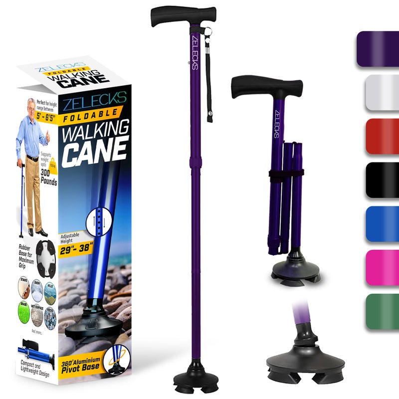 ZELECKS Walking Cane for Women & Men - Self Standing Adjustable Folding Cane with T Handle and 360 Pivot Base - Lightweight Foldable Walking Stick for Seniors - Collapsible Cane for Walking - Image 1