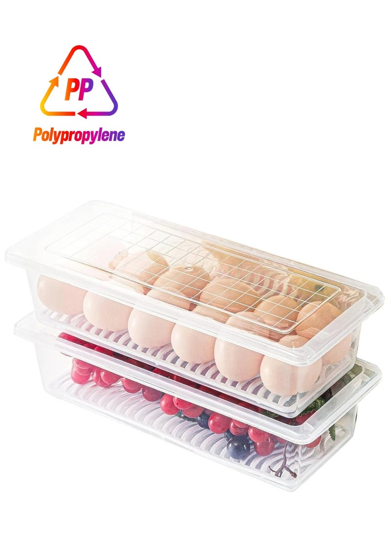 sulfar - Plastic Fridge Storage Boxes, Fridge Organizer with Removable Drain Plate Fridge Storage Containers Keeps Fruits, Vegetables, Meat, Fish Fresh Longer 1500 ML Container Box (Transparent) Pack of 2 - Image 1