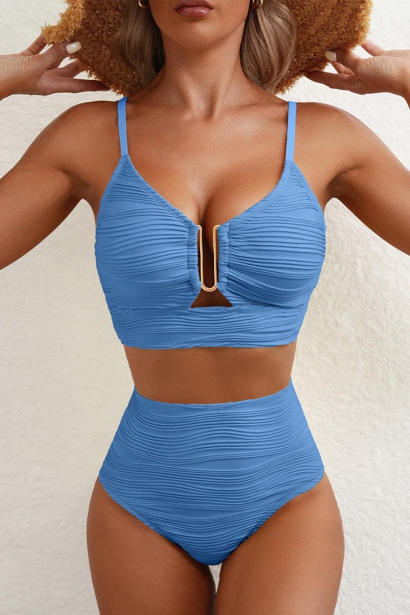 Herseas Women 2 Piece Swimsuits U-Wired Push up Ribbed Ruched High Rise Bikini Sets Popular Longline Modest Solid Swim Suit Cute Beach Vacation Clothes for Teens Blue Large - Image 5