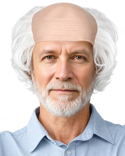 ANOGOL Hair Cap White Old Man Wig Balding Wig Grandpa Cospaly Wig Short Curly Wig for Adults 100 Days of School Costume White Scientist Short Synthetic Hair for Cosplay Costume Halloween Party - Image 1