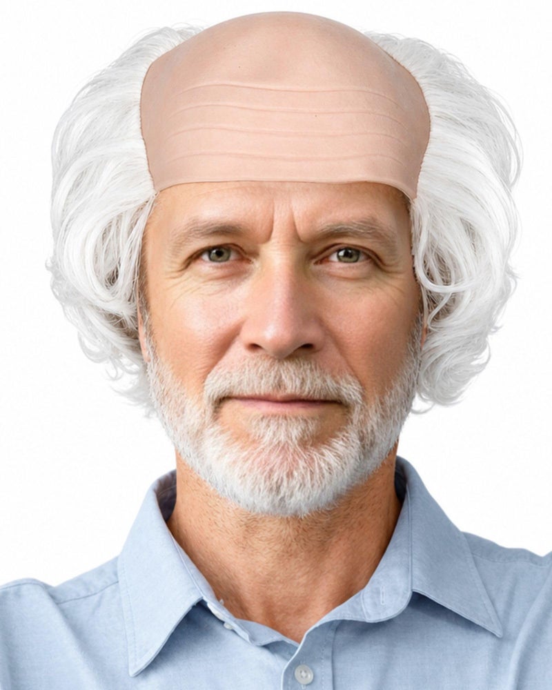 ANOGOL Hair Cap White Old Man Wig Balding Wig Grandpa Cospaly Wig Short Curly Wig for Adults 100 Days of School Costume White Scientist Short Synthetic Hair for Cosplay Costume Halloween Party - Image 2