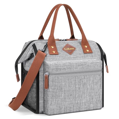 LOKASS Leak-proof Lunch Box for Women Insulated Lunch Cooler Bag Thermal Lunch Tote with Removable Shoulder Strap for Men Adults Large Picnic Bag for Office Work Outdoor, Grey - Image 1