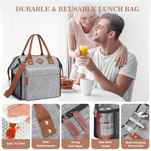 LOKASS Leak-proof Lunch Box for Women Insulated Lunch Cooler Bag Thermal Lunch Tote with Removable Shoulder Strap for Men Adults Large Picnic Bag for Office Work Outdoor, Grey - Image 4