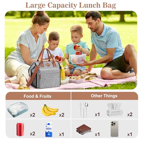 LOKASS Leak-proof Lunch Box for Women Insulated Lunch Cooler Bag Thermal Lunch Tote with Removable Shoulder Strap for Men Adults Large Picnic Bag for Office Work Outdoor, Grey - Image 3