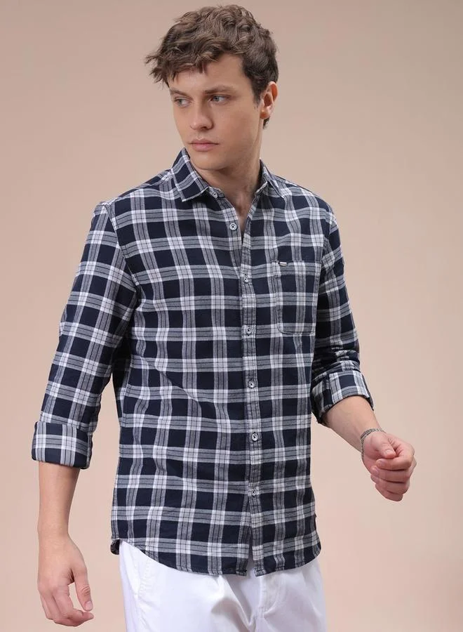 The Indian Garage Co The Indian Garage Co Men Navy Blue Slim Fit Checked Casual Shirt
