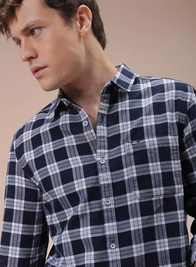 The Indian Garage Co The Indian Garage Co Men Navy Blue Slim Fit Checked Casual Shirt