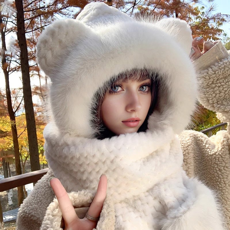 Cute Cat Ear Knit Beanie Women Autumn Winter Fashion Warm creamy-white [round ears-big Mao Mao hat brim-Mao Mao gloves]]