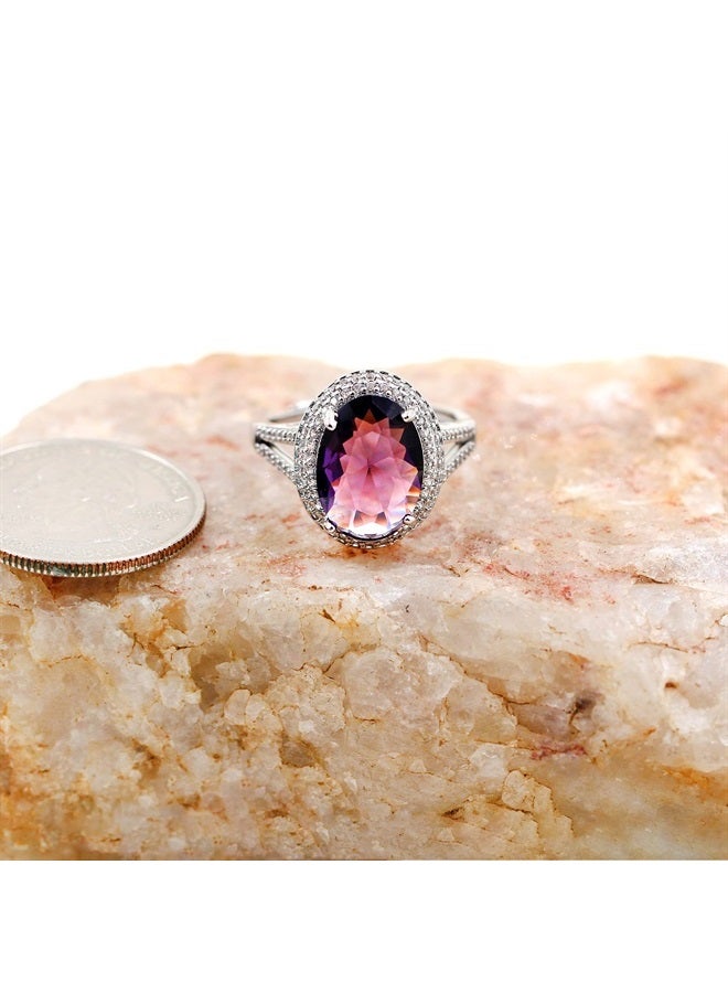 Uloveido Adjustable Silver Color Big Oval Stone Rings Wedding Promise, Purple Cubic Zirconia Crystal Split Shank Ring Birthstone for Women Y927 (Split shank-Purple)