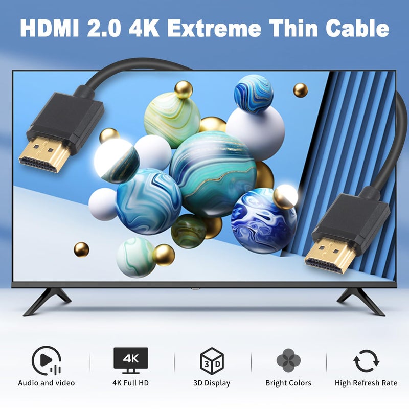 دوتك كابل HDMI 4K من الذكر إلى الذكر من Duttek بطول 2 قدم/60 سم، كابل HDMI قصير، رفيع للغاية، لأجهزة التلفاز ثلاثية ا��أبعاد وفائقة الدقة 4K، سلك HDMI 2.0 محول تمديد - Image 2