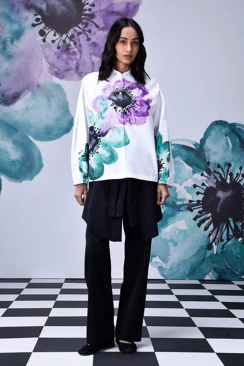 Genes Lecoanet Hemant Anemone Flower Relaxed Fit Shirt- White Green