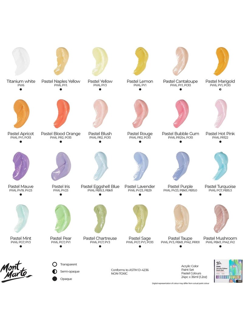 مونت مارتي مجموعة ألوان أكريليك باستيل Signature 24 قطعة × 36 مل (1.2 أونصة سائلة أمريكية)، مجموعة ألوان أكريليك باستيل كريمية، تغطية جيدة، لمسة نهائية شبه مطفية، مثالية لمعظم الأسطح الفنية والحرفية - Image 2