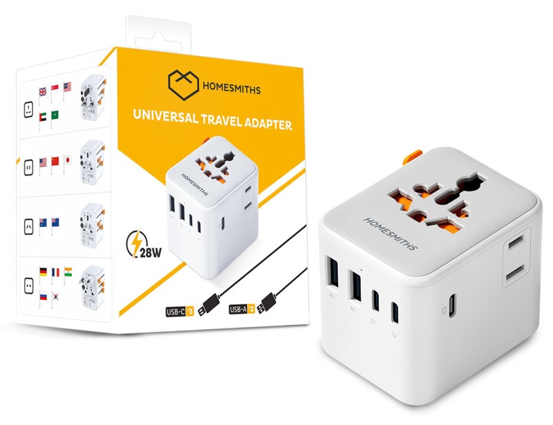 Homesmiths 28W Universal Travel Adapter with 2 USB-A & 3 USB-C Ports Fast Charging, Worldwide Plug Adapter, International Travel Adapter for UK EU US AUS, All-in-One Travel Charger for Phone & Tablet - Image 1