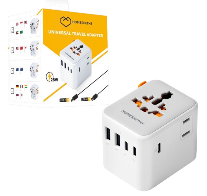 هومسميثز هومسميثس محول السفر العالمي 28 واط مع 2 منافذ USB-A و3 منافذ USB-C للشحن السريع، محول عالمي للمقابس، محول سفر دولي للمملكة المتحدة وأوروبا والولايات المتحدة وأستراليا، شاحن سفر شامل للهواتف والأجهزة اللوحية - Image 1