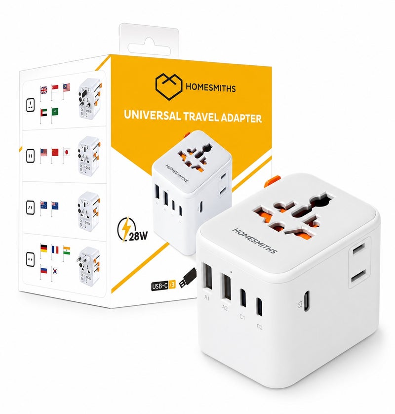 هومسميثز هومسميثس محول السفر العالمي 28 واط مع 2 منافذ USB-A و3 منافذ USB-C للشحن السريع، محول عالمي للمقابس، محول سفر دولي للمملكة المتحدة وأوروبا والولايات المتحدة وأستراليا، شاحن سفر شامل للهواتف والأجهزة اللوحية - Image 1