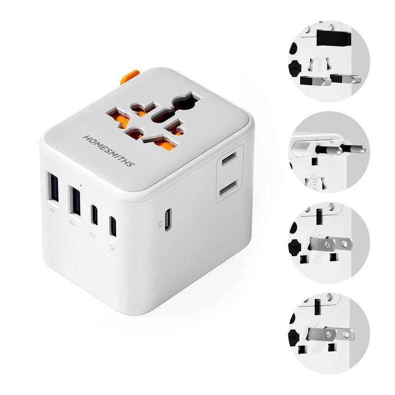 هومسميثز هومسميثس محول السفر العالمي 28 واط مع 2 منافذ USB-A و3 منافذ USB-C للشحن السريع، محول عالمي للمقابس، محول سفر دولي للمملكة المتحدة وأوروبا والولايات المتحدة وأستراليا، شاحن سفر شامل للهواتف والأجهزة اللوحية - Image 2