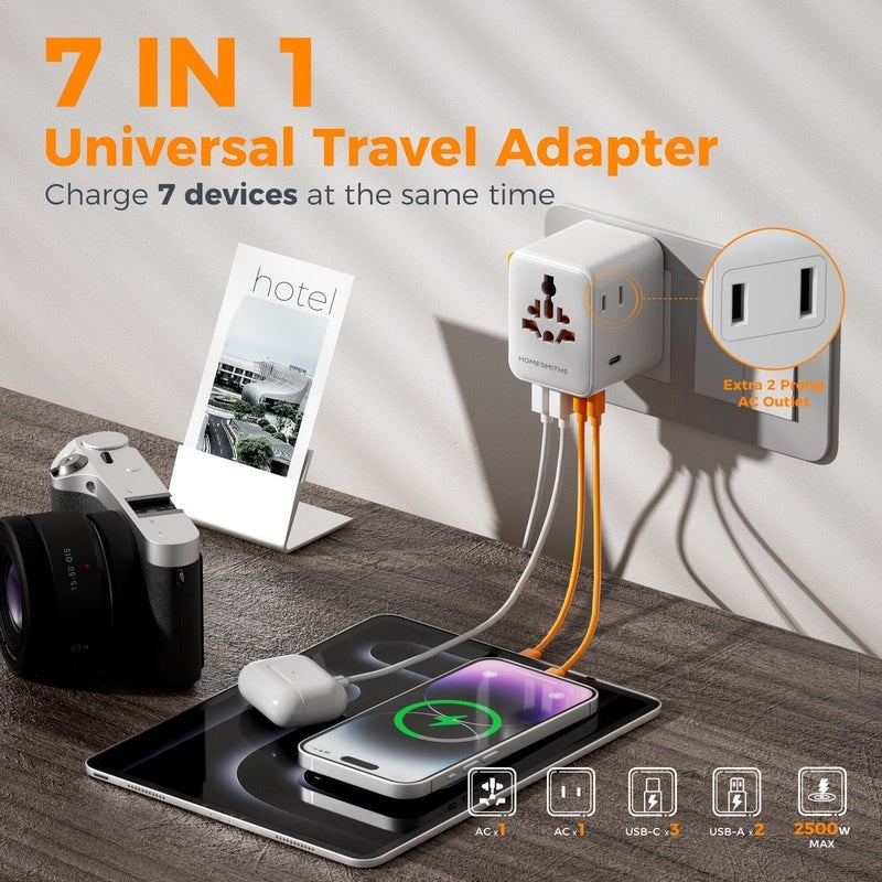 هومسميثز هومسميثس محول السفر العالمي 28 واط مع 2 منافذ USB-A و3 منافذ USB-C للشحن السريع، محول عالمي للمقابس، محول سفر دولي للمملكة المتحدة وأوروبا والولايات المتحدة وأستراليا، شاحن سفر شامل للهواتف والأجهزة اللوحية - Image 3