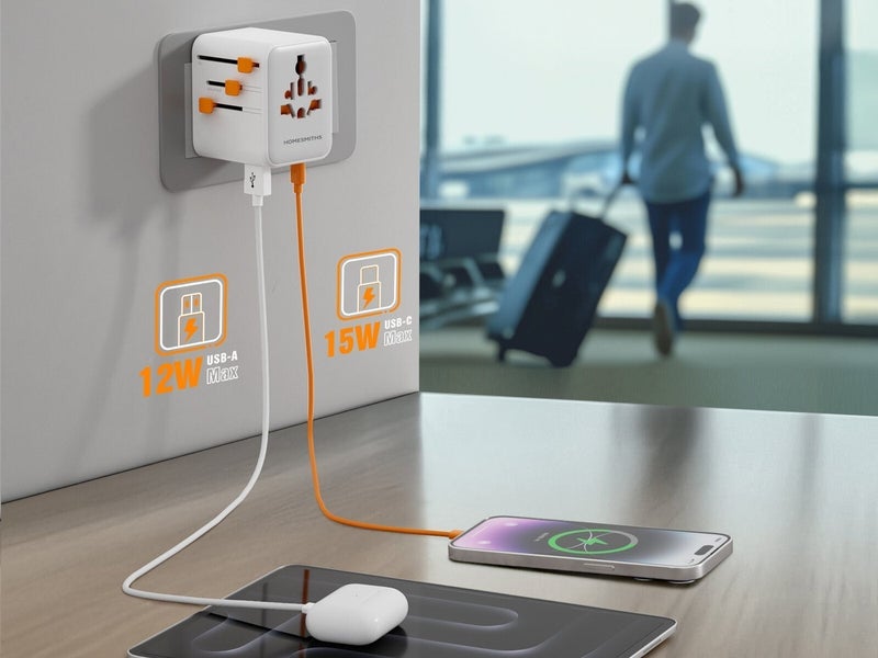 هومسميثز هومسميثس محول السفر العالمي 28 واط مع 2 منافذ USB-A و3 منافذ USB-C للشحن السريع، محول عالمي للمقابس، محول سفر دولي للمملكة المتحدة وأوروبا والولايات المتحدة وأستراليا، شاحن سفر شامل للهواتف والأجهزة اللوحية - Image 4