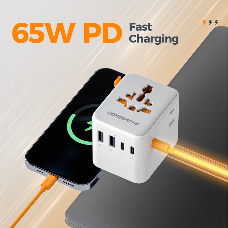 هومسميثز هومسميثس محول السفر العالمي 28 واط مع 2 منافذ USB-A و3 منافذ USB-C للشحن السريع، محول عالمي للمقابس، محول سفر دولي للمملكة المتحدة وأوروبا والولايات المتحدة وأستراليا، شاحن سفر شامل للهواتف والأجهزة اللوحية - Image 5