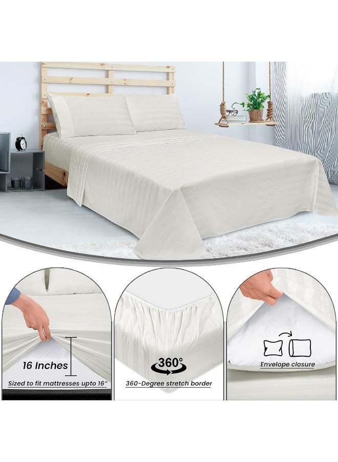 Royale Linens 300 Thread Count 100% Long Staple Combed Cotton Striped Sheet Set - 4 Piece Queen Bed Sheet - 1 Fitted Sheet 1 Flat Sheet 2 Pillowcase -Cool & Crisp Sheet Set (Queen, Multi Stripe White)  - Image 5