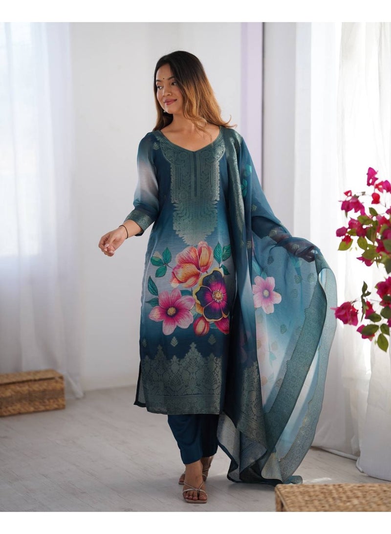 Super Asian Elegant Chanderi Silk Jacquard & Digital Print Set with Micro Pant & Matching Dupatta - Image 1