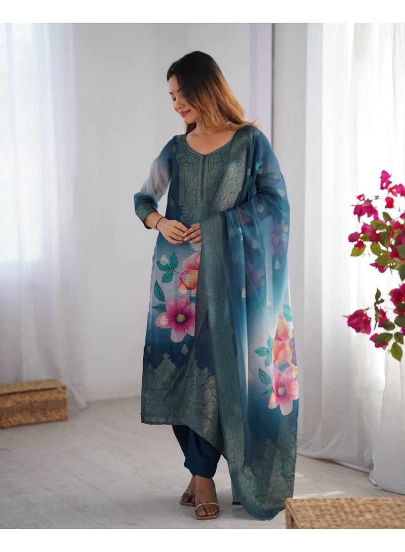Super Asian Elegant Chanderi Silk Jacquard & Digital Print Set with Micro Pant & Matching Dupatta - Image 5