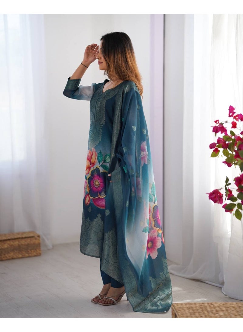 Super Asian Elegant Chanderi Silk Jacquard & Digital Print Set with Micro Pant & Matching Dupatta - Image 3