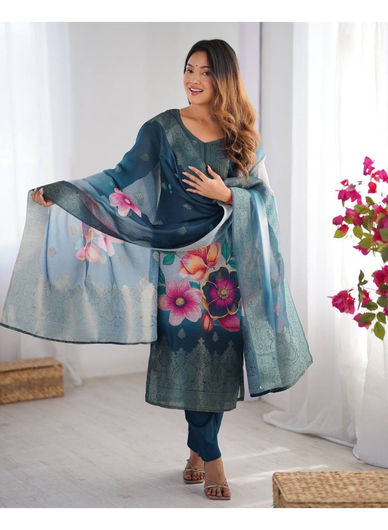 Super Asian Elegant Chanderi Silk Jacquard & Digital Print Set with Micro Pant & Matching Dupatta - Image 2