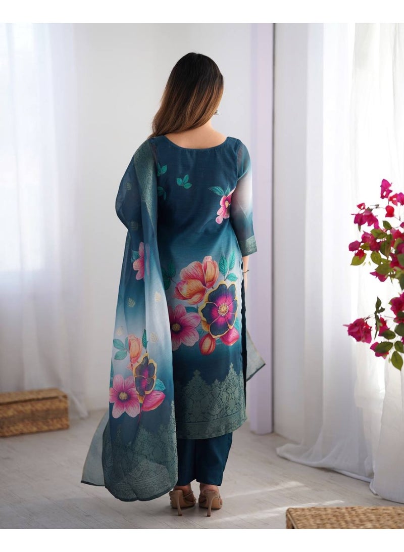 Super Asian Elegant Chanderi Silk Jacquard & Digital Print Set with Micro Pant & Matching Dupatta - Image 4