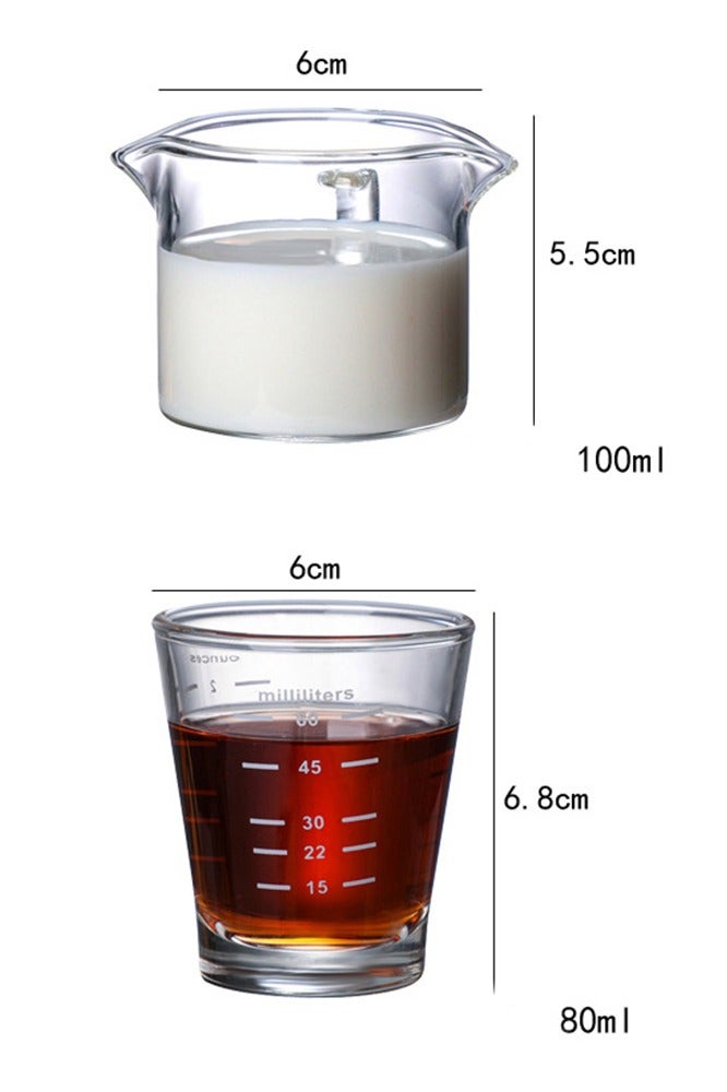 2 Pack Double Spouts Milk Cup with V-Shaped Mouth  And Espresso Glass Clear Coffee Mug Sets - Image 1
