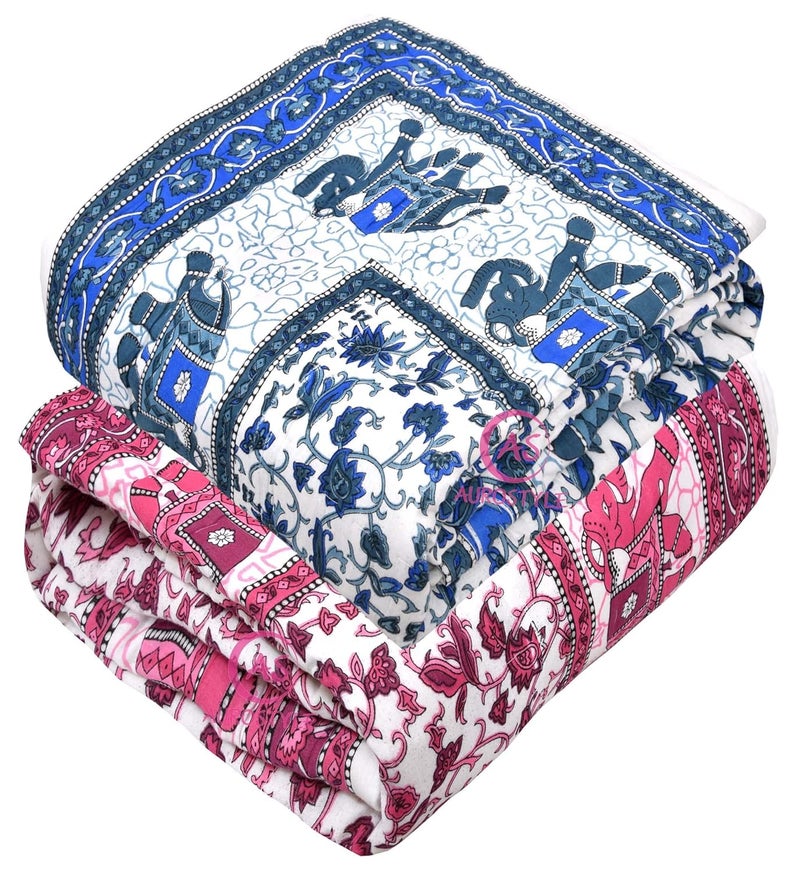 WORLDNEX 400 TC Pure Cotton Jaipuri Design Printed Light Weight Traditional Rajasthani Print Single Bed QuiltRazaiRajai Design 7 Single Bed Set of 2 Combo Set - Image 3
