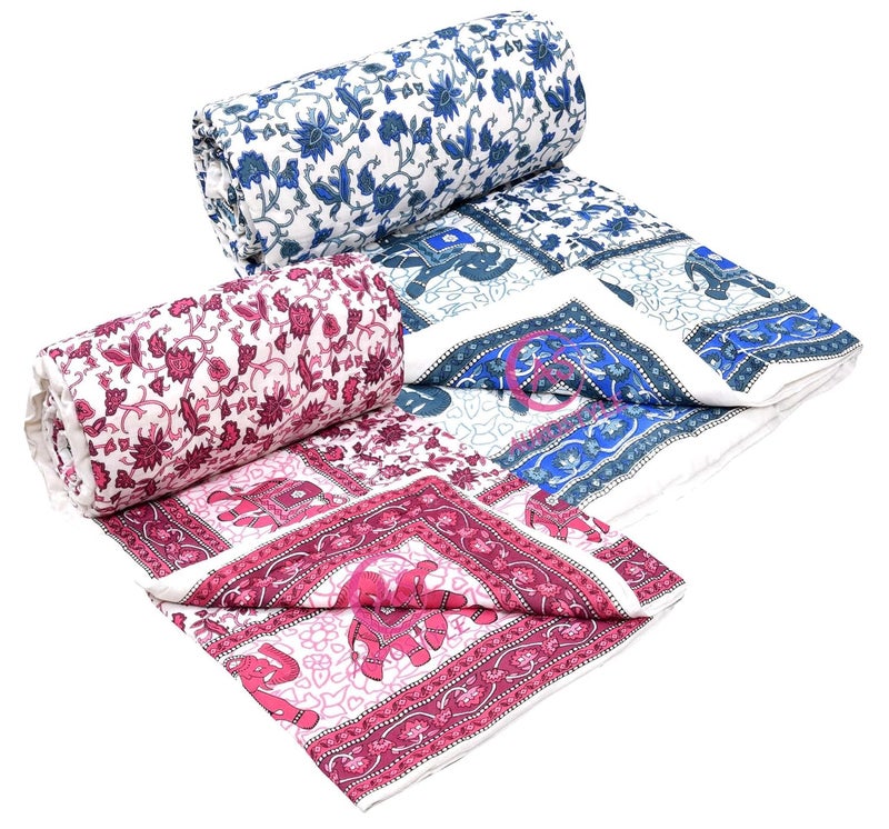 WORLDNEX 400 TC Pure Cotton Jaipuri Design Printed Light Weight Traditional Rajasthani Print Single Bed QuiltRazaiRajai Design 7 Single Bed Set of 2 Combo Set - Image 2