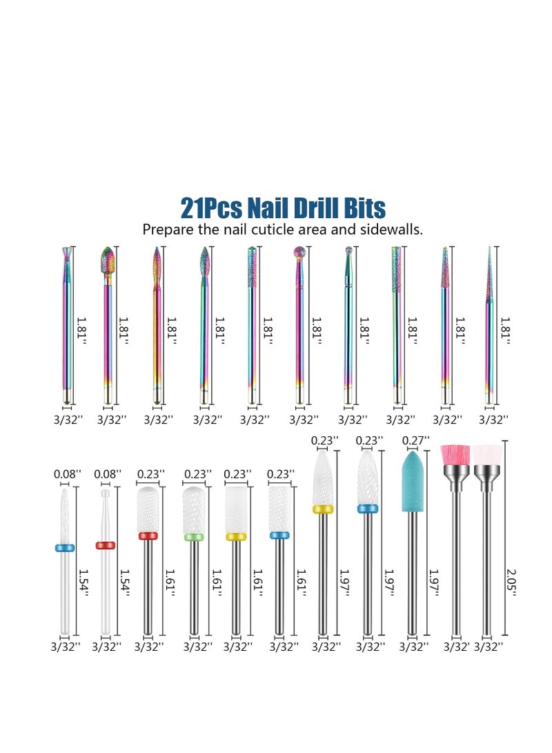 Depvko Depvko 21pcs Nail Drill Bits Sets, 3/32 Inch Diamond Cuticle Electric Nail File and Ceramic Acrylic Gel Nail Bit Kit, Acrylic Nail Art Tools, Carbide Remover Bits for Manicure Pedicure, Home Salon - Image 2