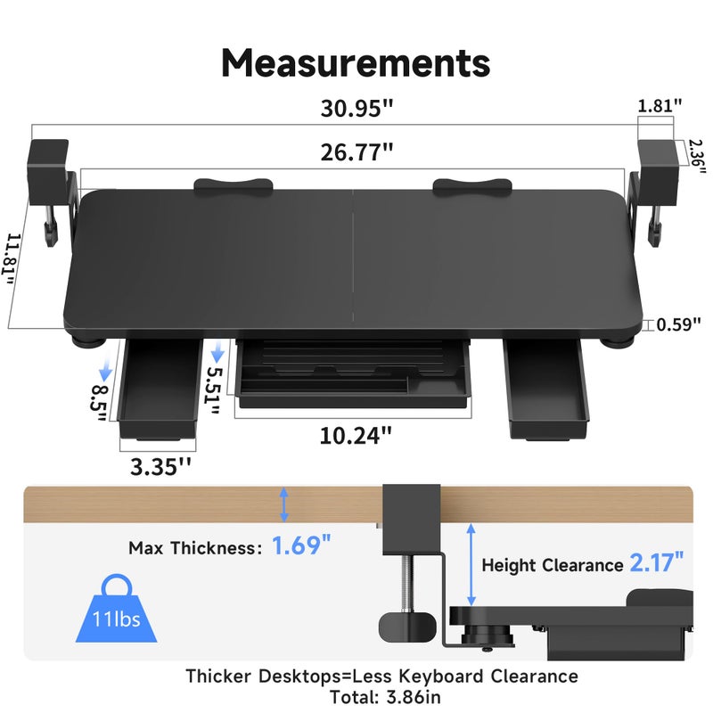 XINLEI Keyboard Tray Under Desk with Storage Drawer Large C-Clamp 26.7â€(31â€ Including Clamps) x 11.8â€ Slide-Out Platform Computer Drawer Pull Out Keyboard & Mouse Tray DSF7CT - Image 2