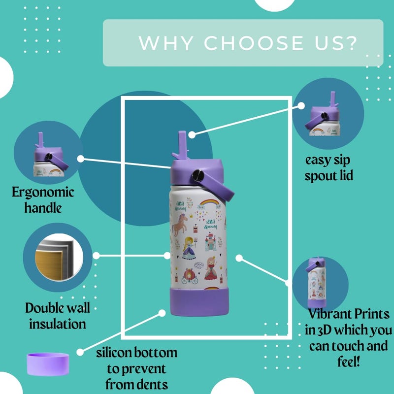 TOM  BELL Insulated Water Bottle for Kids 500ml,Double Wall Water Bottle for School, Sipper Bottle,Hot and Cold, Premium 304 Stainless Steel (Princess, 500ml) - Image 5