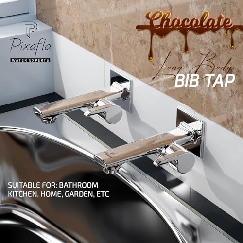 Pixaflo Chocolate Brass Long Body Bib Cock Tap Combo with Wall Flange, Pack of 2, Chrome Finish - Image 2