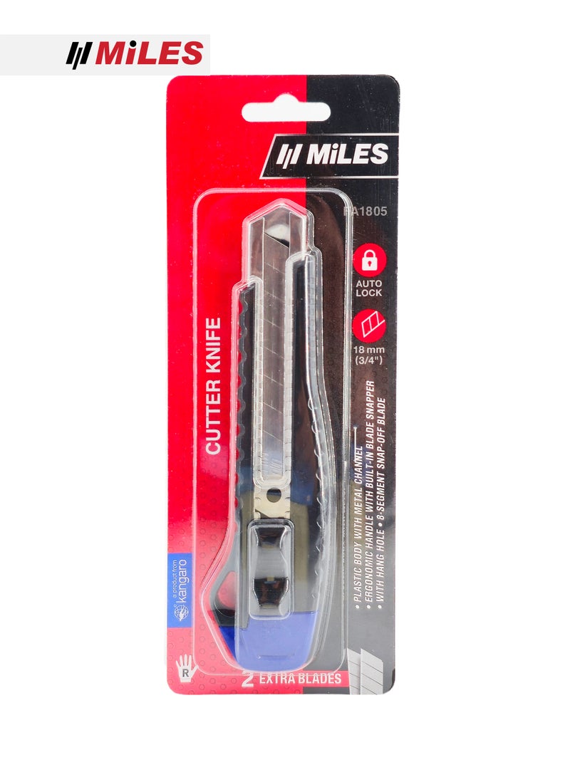 MiLES 18mm Auto Lock Cutter Knife with Metal Channel & Spare Blade Storage - Assorted Colours - Image 2