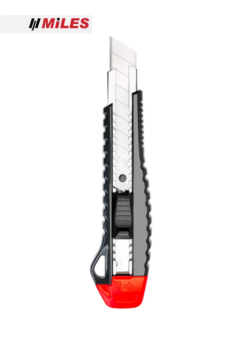 MiLES 18mm Auto Lock Cutter Knife with Metal Channel & Spare Blade Storage - Assorted Colours - Image 1